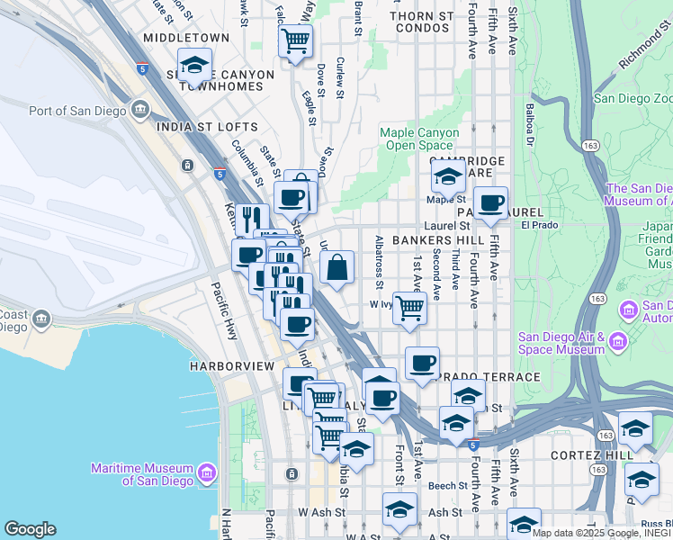 map of restaurants, bars, coffee shops, grocery stores, and more near 2345 Union Street in San Diego
