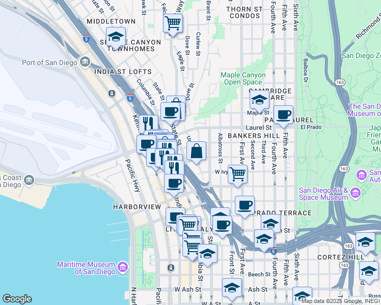 map of restaurants, bars, coffee shops, grocery stores, and more near 2345 Union Street in San Diego