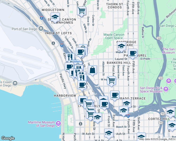map of restaurants, bars, coffee shops, grocery stores, and more near 2345 Union Street in San Diego