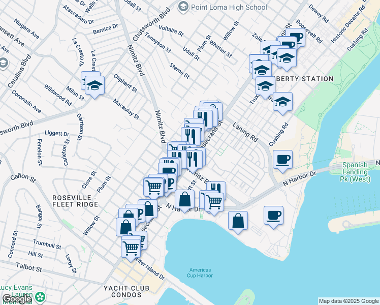 map of restaurants, bars, coffee shops, grocery stores, and more near 3022 Newell Street in San Diego