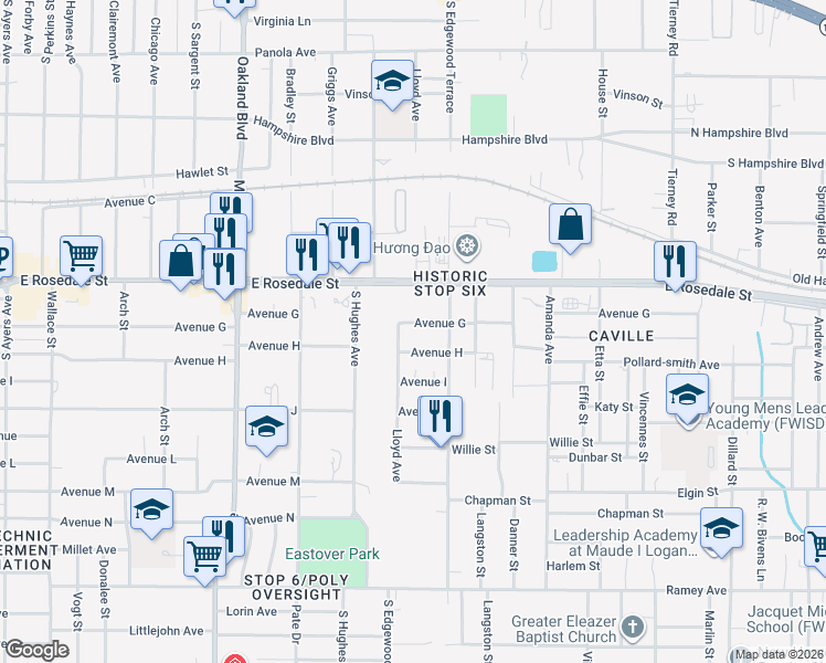 map of restaurants, bars, coffee shops, grocery stores, and more near 4601 Avenue G in Fort Worth