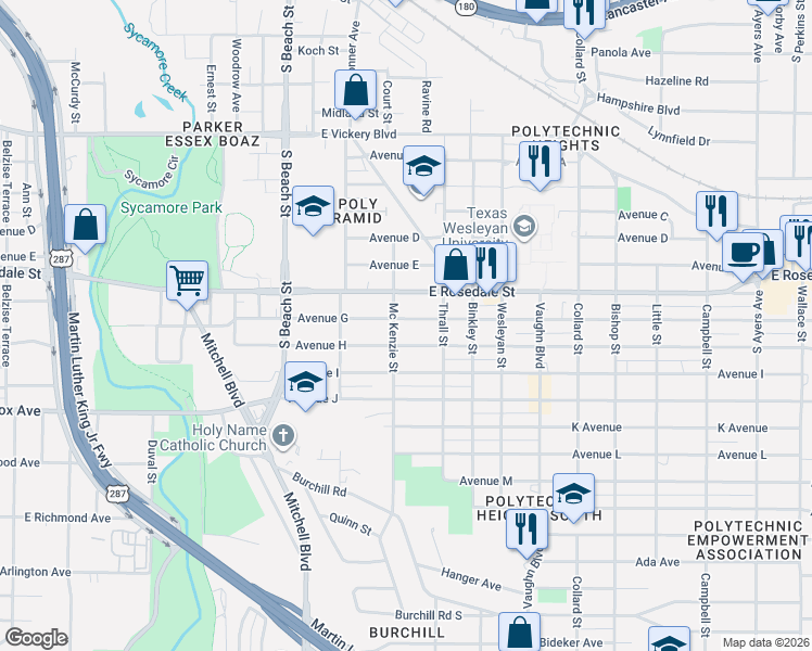 map of restaurants, bars, coffee shops, grocery stores, and more near 2741 Avenue G in Fort Worth
