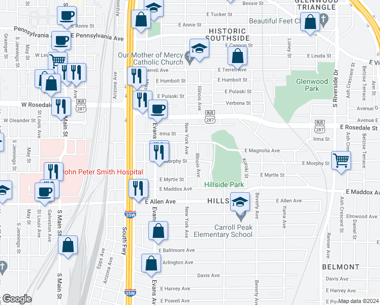 map of restaurants, bars, coffee shops, grocery stores, and more near 1309 New York Avenue in Fort Worth