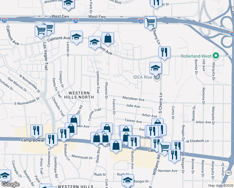 map of restaurants, bars, coffee shops, grocery stores, and more near 8160 Marydean Avenue in Fort Worth