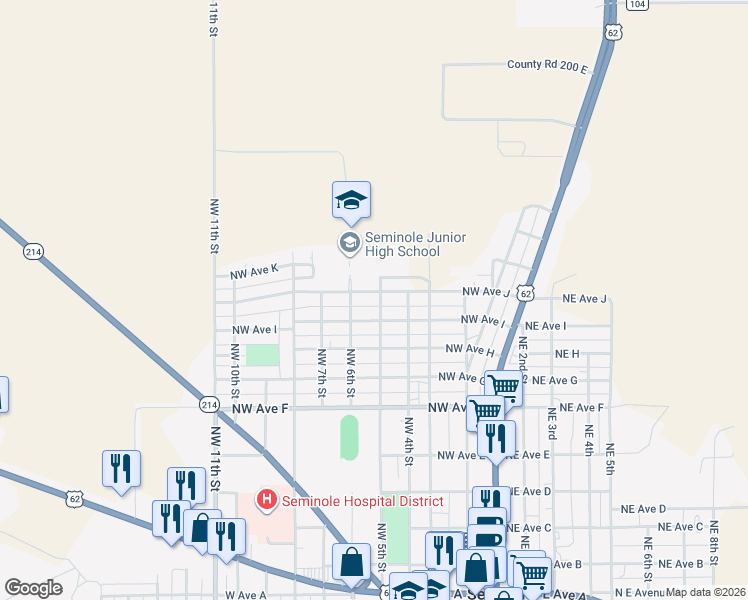map of restaurants, bars, coffee shops, grocery stores, and more near 501-599 NW Ave J in Seminole