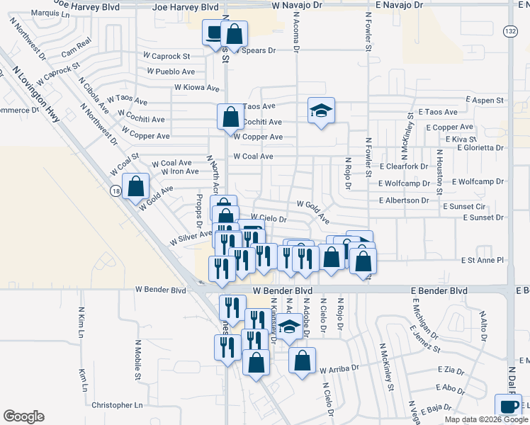 map of restaurants, bars, coffee shops, grocery stores, and more near 613 West Gold Avenue in Hobbs