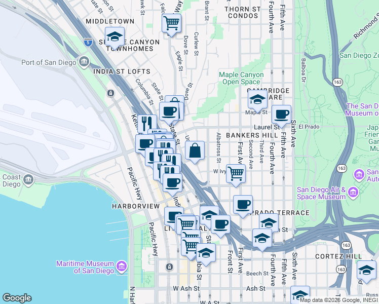 map of restaurants, bars, coffee shops, grocery stores, and more near 2345 Union Street in San Diego