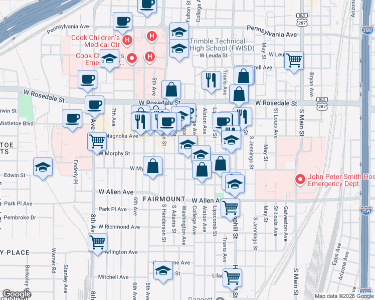 map of restaurants, bars, coffee shops, grocery stores, and more near 1315 College Avenue in Fort Worth
