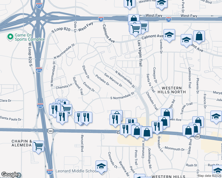 map of restaurants, bars, coffee shops, grocery stores, and more near 2956 Portales Drive in Fort Worth