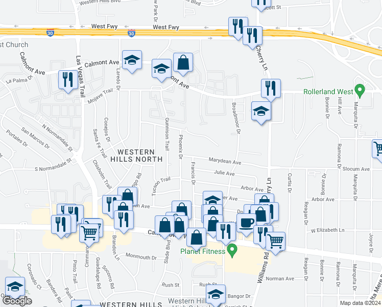 map of restaurants, bars, coffee shops, grocery stores, and more near 8202 Marydean Avenue in Fort Worth