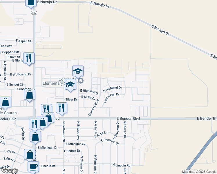 map of restaurants, bars, coffee shops, grocery stores, and more near 1715 E Albertson Dr in Hobbs