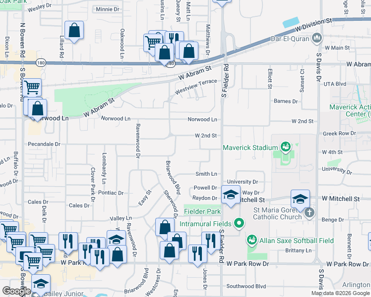 map of restaurants, bars, coffee shops, grocery stores, and more near 605 Westview Terrace in Arlington