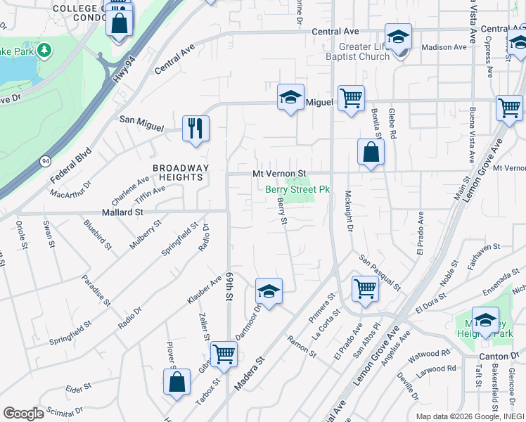 map of restaurants, bars, coffee shops, grocery stores, and more near 7015 Lerma's Court in Lemon Grove