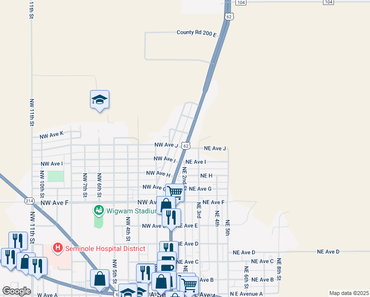 map of restaurants, bars, coffee shops, grocery stores, and more near U.S. Highway 62 in Seminole