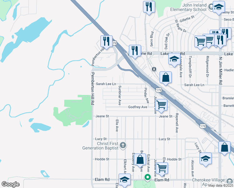 map of restaurants, bars, coffee shops, grocery stores, and more near 6255 Denham Drive in Dallas