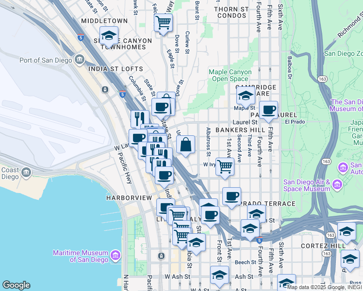 map of restaurants, bars, coffee shops, grocery stores, and more near 2340 Union Street in San Diego