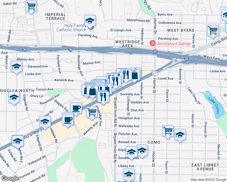 map of restaurants, bars, coffee shops, grocery stores, and more near 6006 Camp Bowie Boulevard in Fort Worth