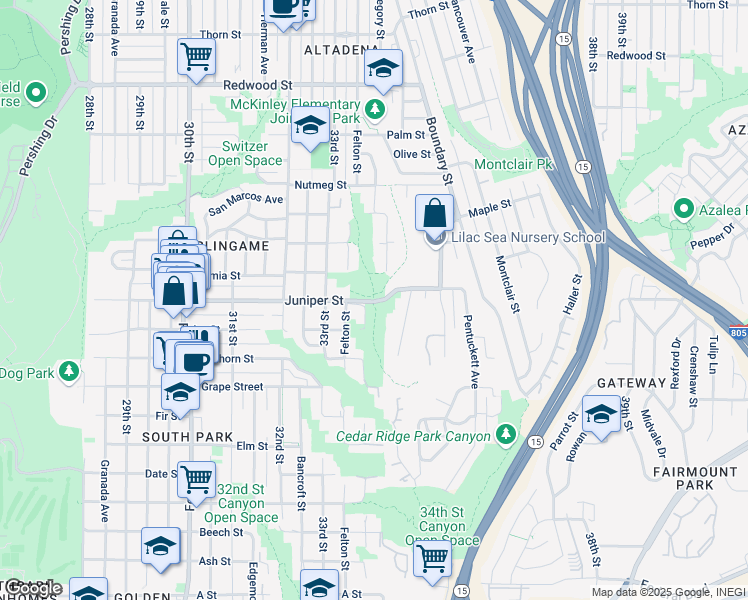 map of restaurants, bars, coffee shops, grocery stores, and more near Juniper Street in San Diego