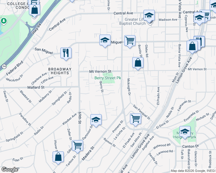 map of restaurants, bars, coffee shops, grocery stores, and more near 7084 Berry Park Lane in Lemon Grove