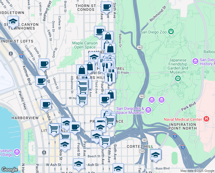 map of restaurants, bars, coffee shops, grocery stores, and more near 2378 Fifth Avenue in San Diego