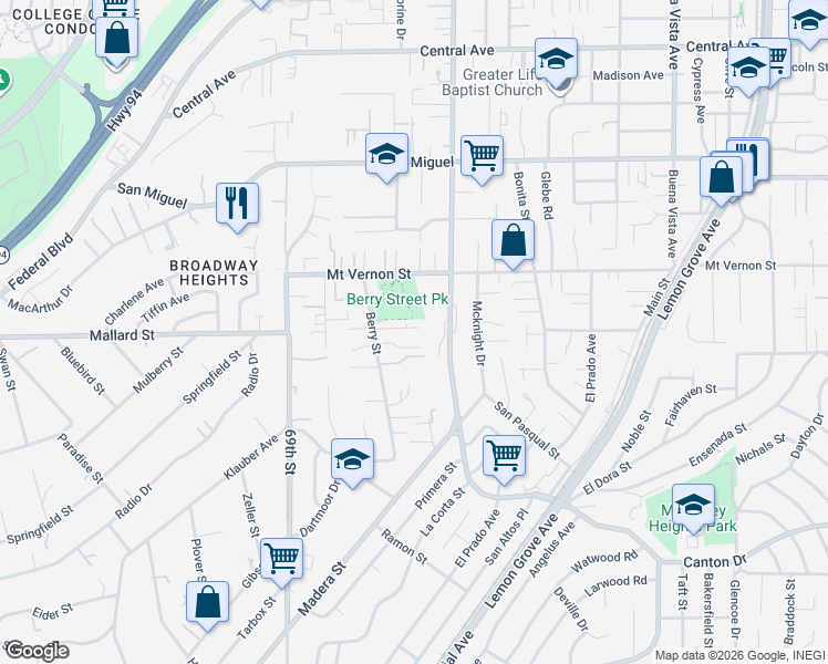 map of restaurants, bars, coffee shops, grocery stores, and more near 7084 Berry Park Lane in Lemon Grove