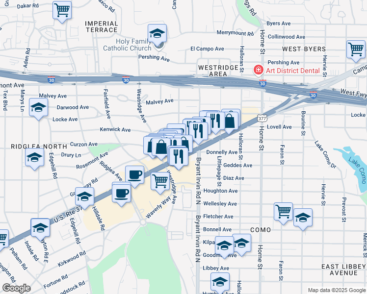 map of restaurants, bars, coffee shops, grocery stores, and more near 6006 Camp Bowie Boulevard in Fort Worth