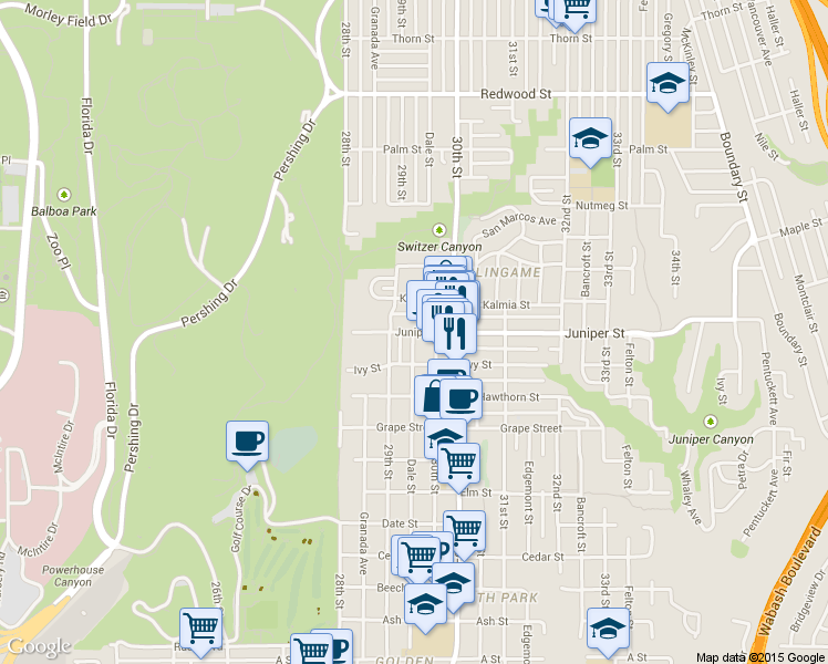 map of restaurants, bars, coffee shops, grocery stores, and more near 2932 Juniper Street in San Diego