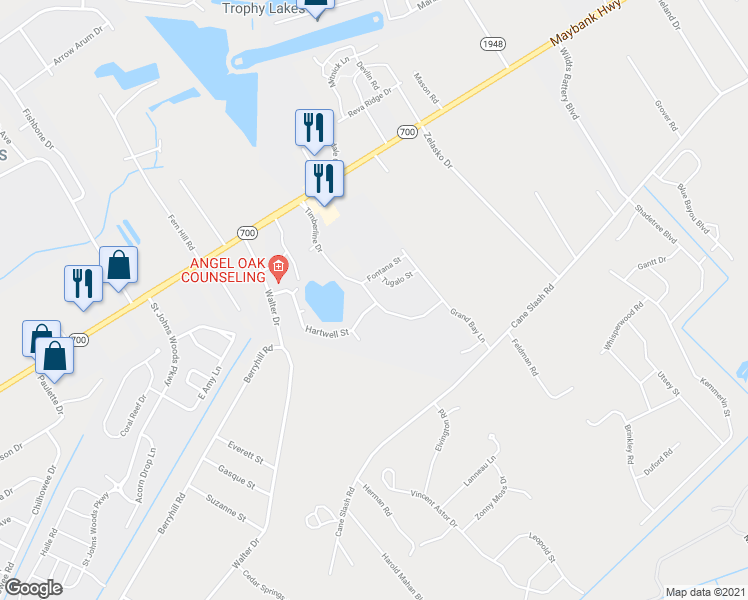 map of restaurants, bars, coffee shops, grocery stores, and more near 3119 Timberline Drive in Johns Island