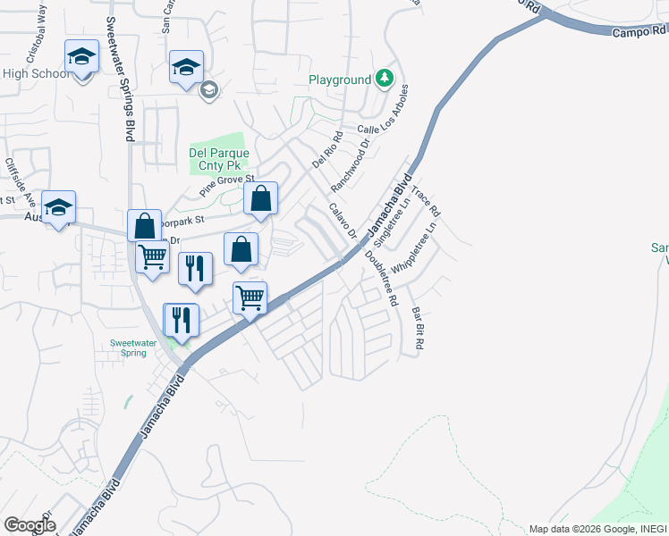 map of restaurants, bars, coffee shops, grocery stores, and more near Jamacha Blvd & Lamplighter Village Dr in Spring Valley