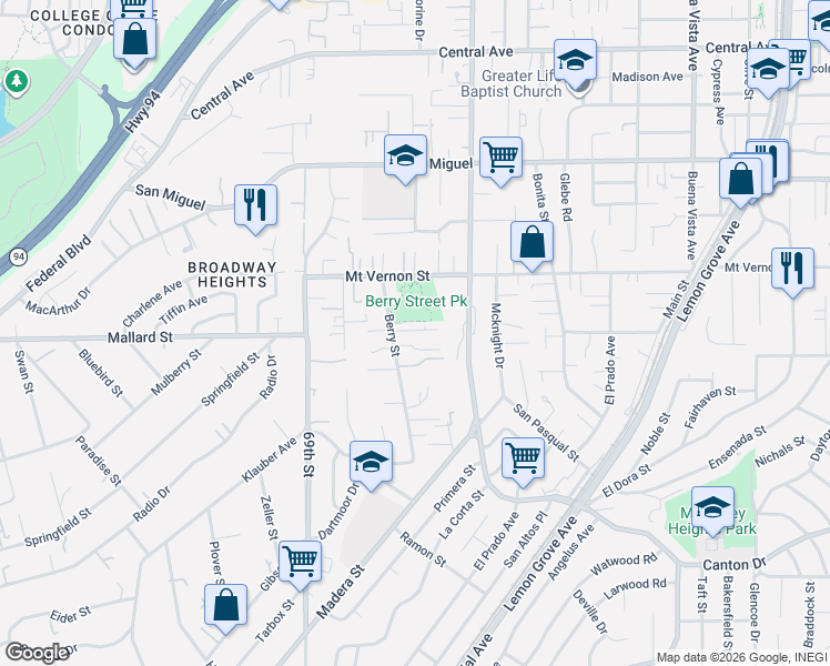map of restaurants, bars, coffee shops, grocery stores, and more near 7084 Berry Park Lane in Lemon Grove