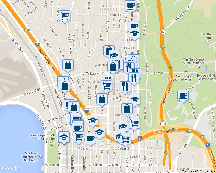 map of restaurants, bars, coffee shops, grocery stores, and more near in San Diego