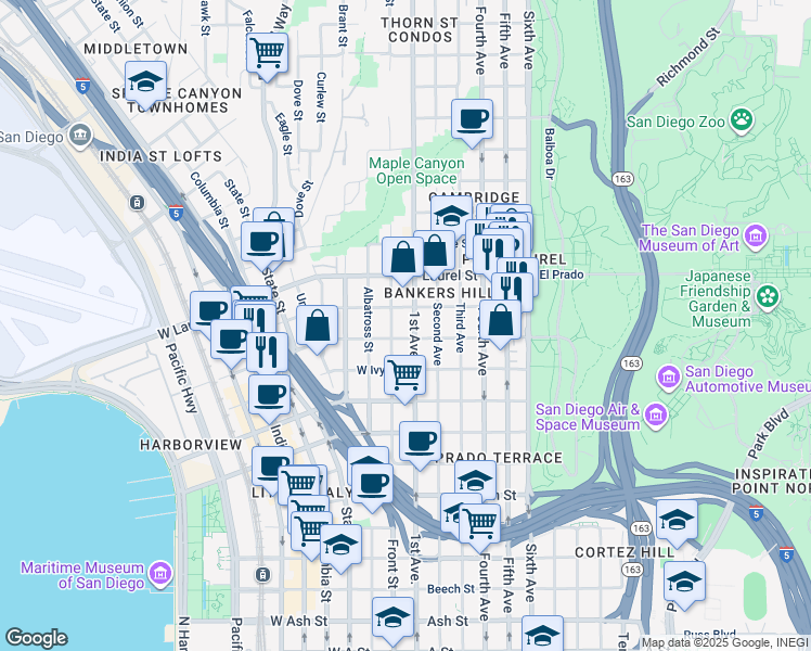 map of restaurants, bars, coffee shops, grocery stores, and more near in San Diego