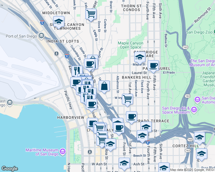 map of restaurants, bars, coffee shops, grocery stores, and more near 2345 Union Street in San Diego