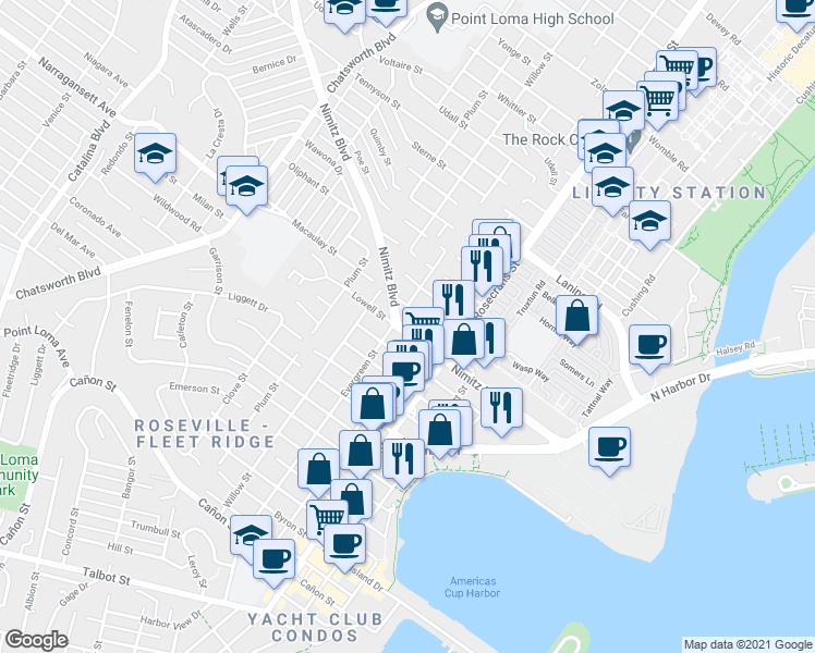 map of restaurants, bars, coffee shops, grocery stores, and more near 3219 Lowell Street in San Diego