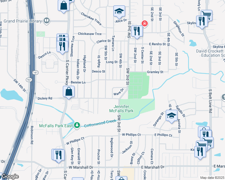 map of restaurants, bars, coffee shops, grocery stores, and more near 420 Dawson Circle in Grand Prairie