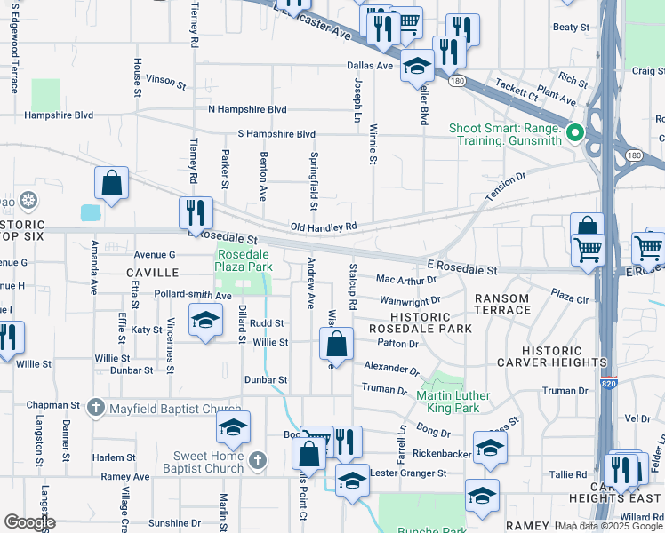 map of restaurants, bars, coffee shops, grocery stores, and more near 5420 East Rosedale Street in Fort Worth