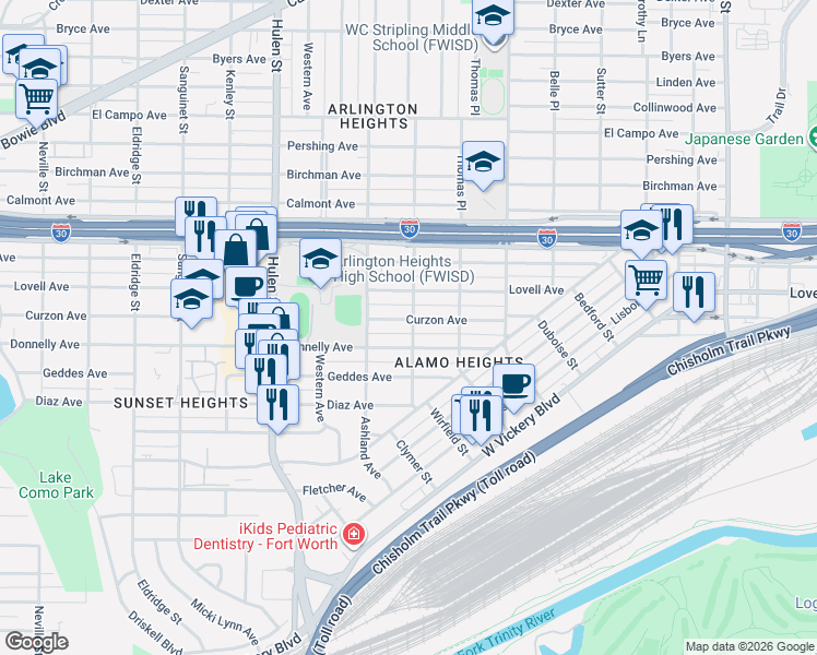 map of restaurants, bars, coffee shops, grocery stores, and more near 4312 Curzon Avenue in Fort Worth