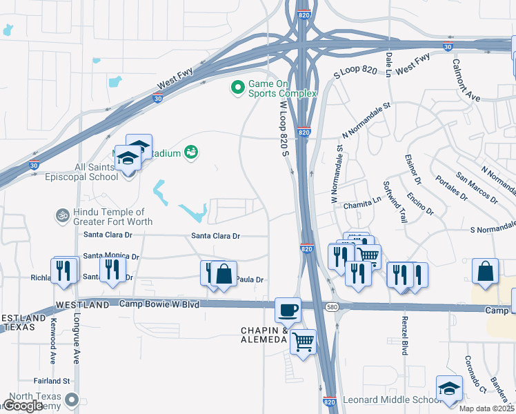 map of restaurants, bars, coffee shops, grocery stores, and more near 2950 Nehemiah Drive in Fort Worth