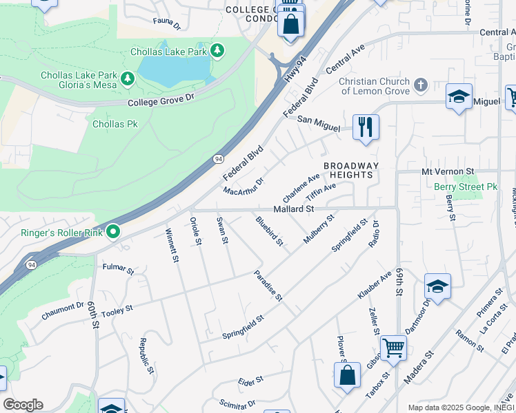 map of restaurants, bars, coffee shops, grocery stores, and more near 6522 Mallard Street in San Diego