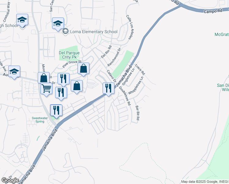 map of restaurants, bars, coffee shops, grocery stores, and more near 10783 Jamacha Boulevard in Spring Valley