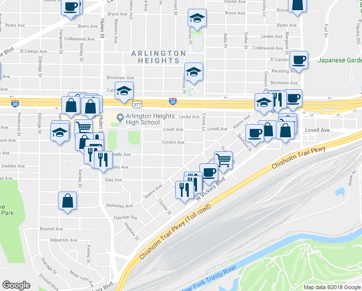 map of restaurants, bars, coffee shops, grocery stores, and more near 4201 Curzon Avenue in Fort Worth
