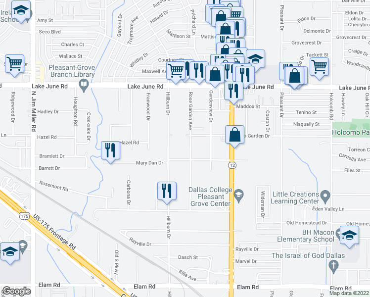 map of restaurants, bars, coffee shops, grocery stores, and more near 1021 Rose Garden Avenue in Dallas