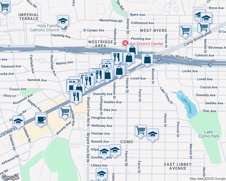 map of restaurants, bars, coffee shops, grocery stores, and more near 5801 Curzon Avenue in Fort Worth