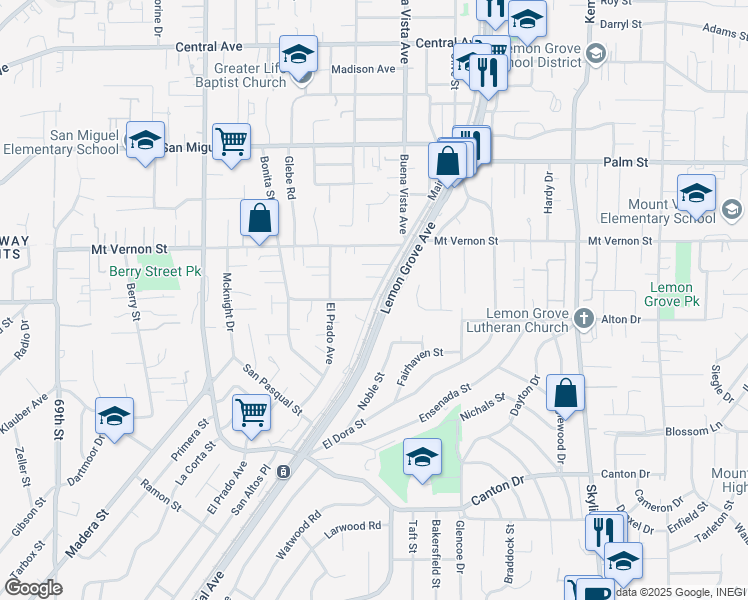 map of restaurants, bars, coffee shops, grocery stores, and more near 10919 Beryl Street in Lemon Grove
