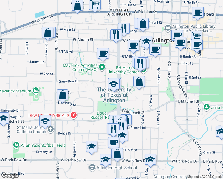 map of restaurants, bars, coffee shops, grocery stores, and more near 701 West Nedderman Drive in Arlington