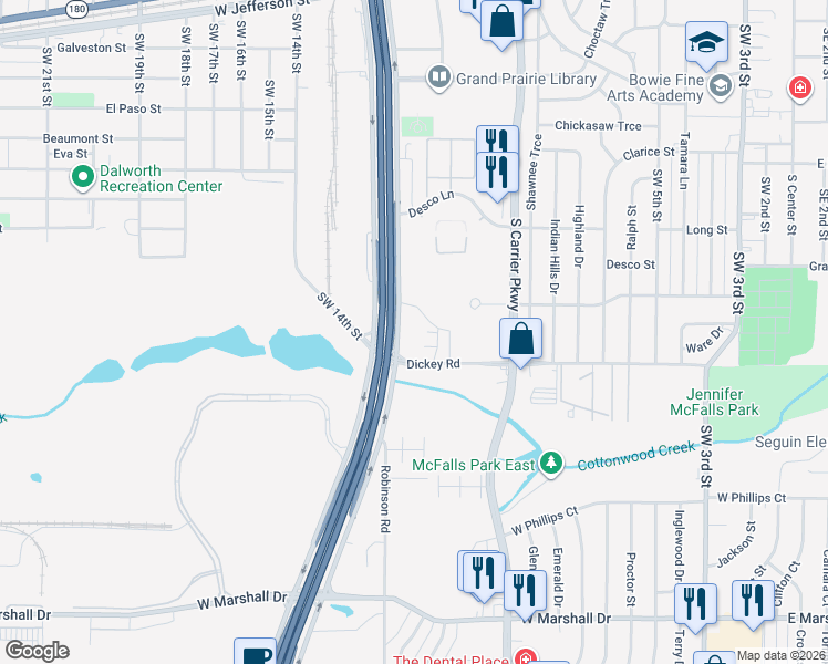 map of restaurants, bars, coffee shops, grocery stores, and more near 1175 State Highway 161 in Grand Prairie
