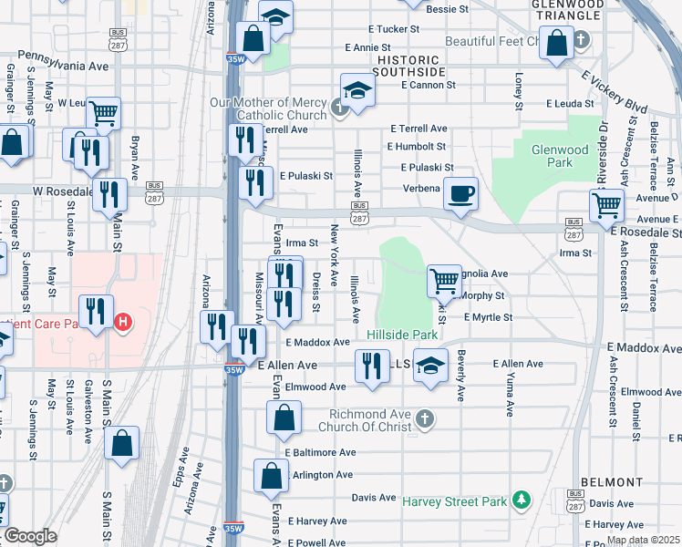 map of restaurants, bars, coffee shops, grocery stores, and more near 1309 New York Avenue in Fort Worth