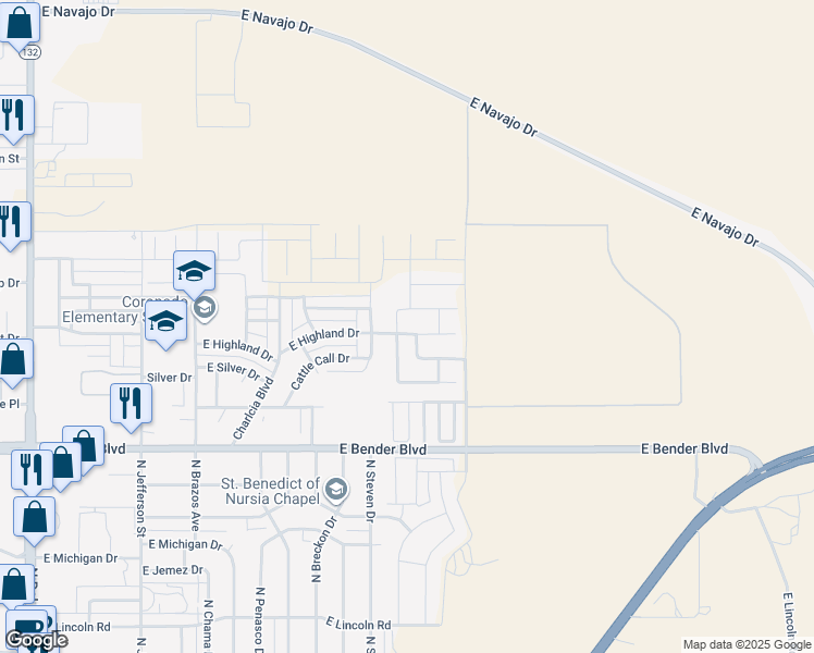map of restaurants, bars, coffee shops, grocery stores, and more near 2012 Highland Drive in Hobbs