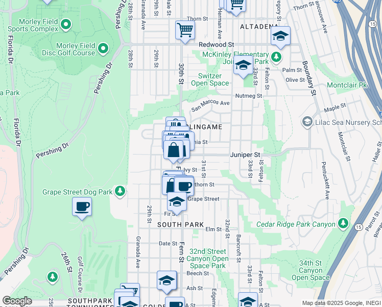 map of restaurants, bars, coffee shops, grocery stores, and more near 3046 Juniper Street in San Diego