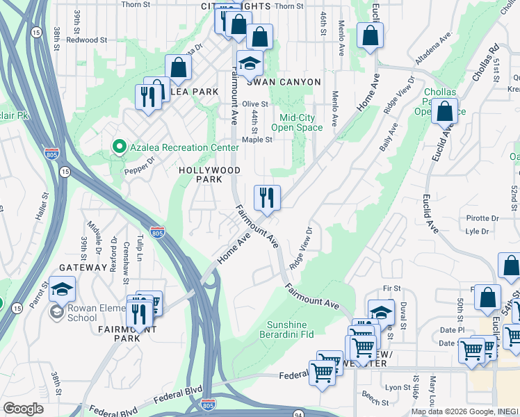 map of restaurants, bars, coffee shops, grocery stores, and more near 2404 Laurie Lane in San Diego